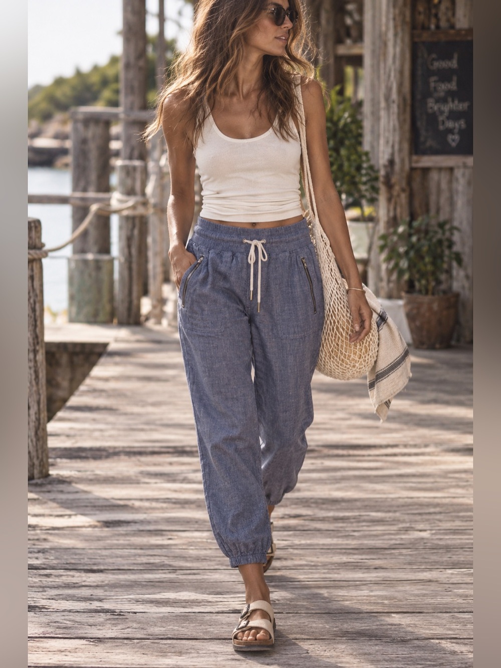 Athleta Chambray Blue Drawstring Jogger Pants
